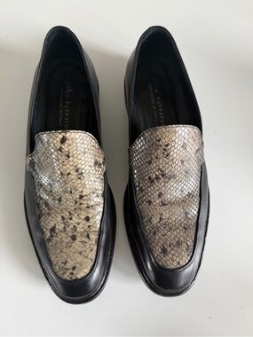 John Varvatos Black Leather Loafers with Beige Snake-Print Panel